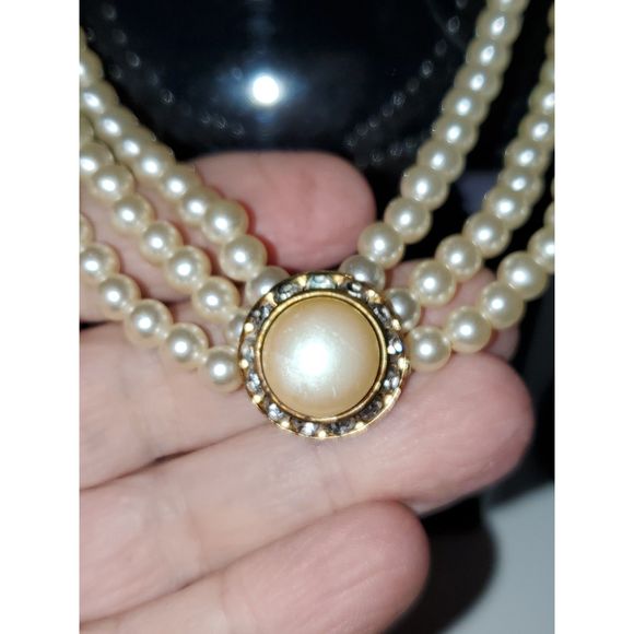 Vintage Faux Pearl Necklace Choker 3 Strand Vintage Rhinestones Costume Jewelry - Picture 2 of 8